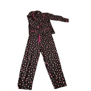 Anne Klein Womens Fleece Pajama Set Cozy Pajamas Heart Detail Pink Black Sz L